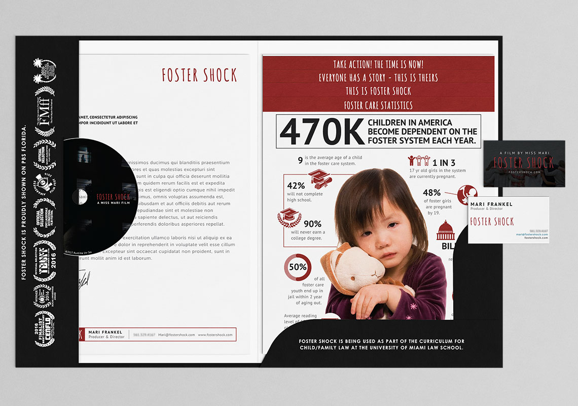 The inside of the foster shock folder holding a DVD copy and statistics