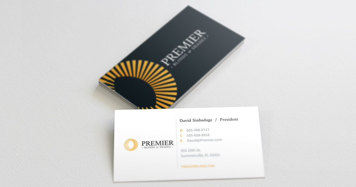 business cards of premier blinds and shades