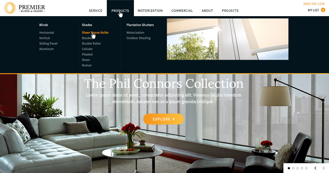 homepage of premier blinds and shades